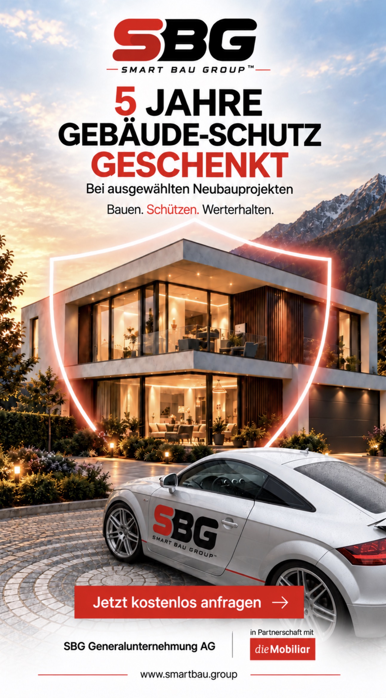 Visualisierung eines modernen Hauses mit leuchtendem Schutzschild